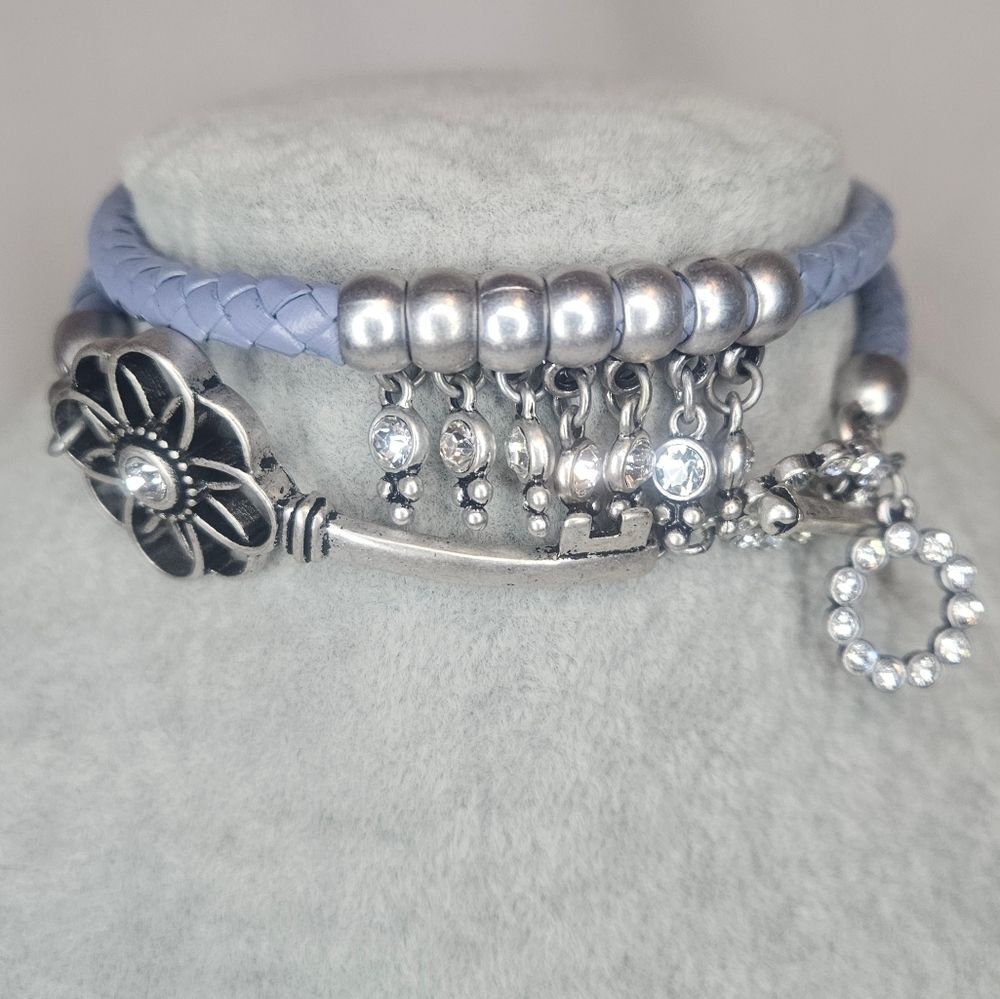 Premier Designs Keeper Pastel Blue Leather Wrap Bracelet Key Charm Crystal NWOT